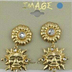 Brushed gold tone finish earrings, Image, with dangle smiling sun, clip on, NWOT